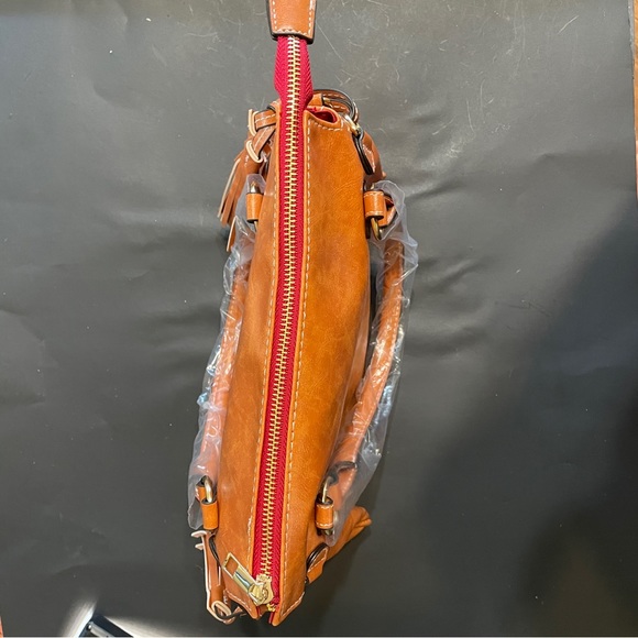 Brown genuine leather satchel purse tassels zip closure pockets, crossbody strap - Picture 8 of 11